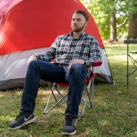 Ozark Trail Basic Quad Folding Camp Chair with Cup Holder, Red, Adult